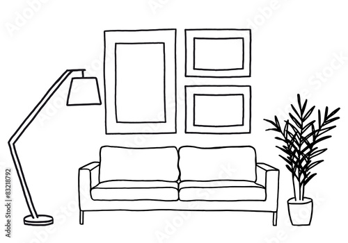 sofa and blank picture frames, vector mockup