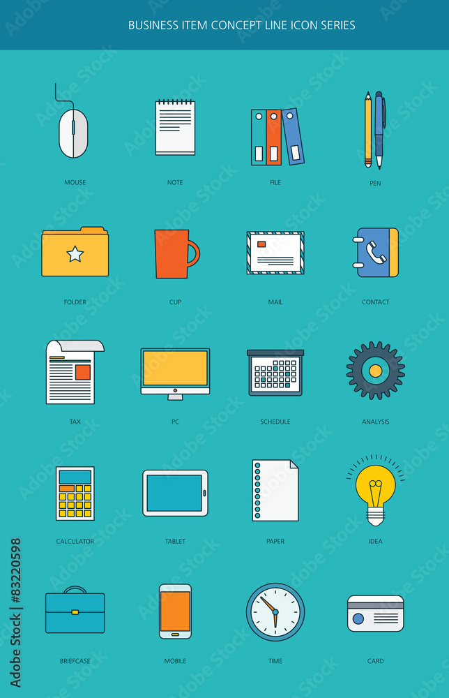 Business item flat line design icon set Business item flat line design icon set