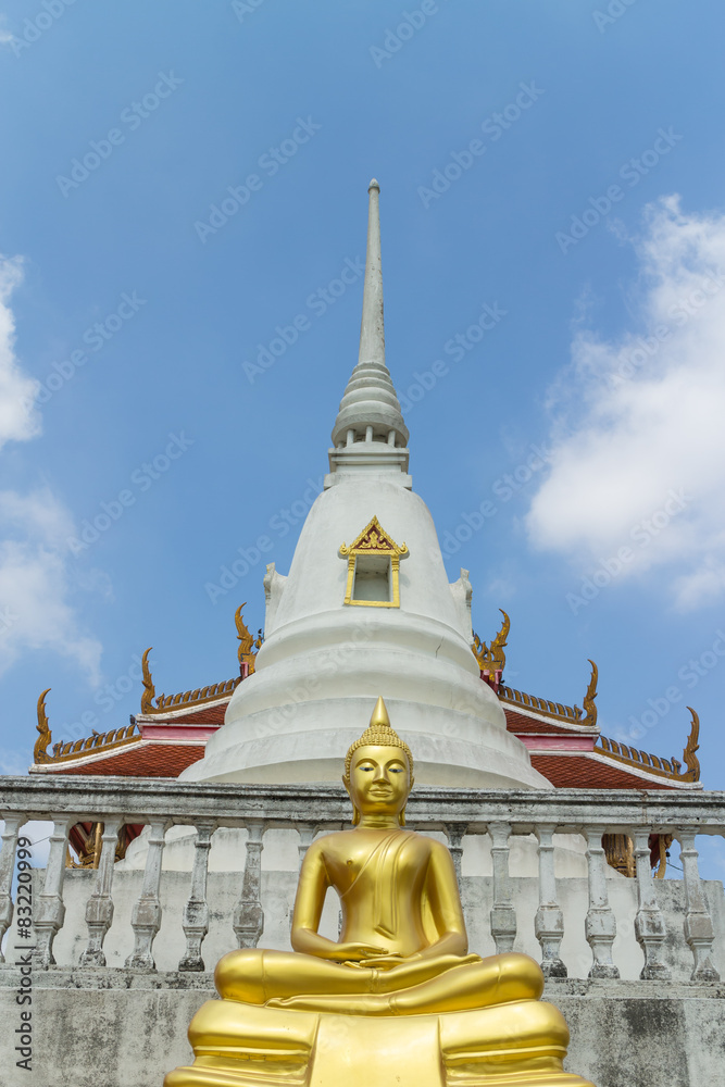 Fototapeta premium sitting gold buddha statue with pagoda background