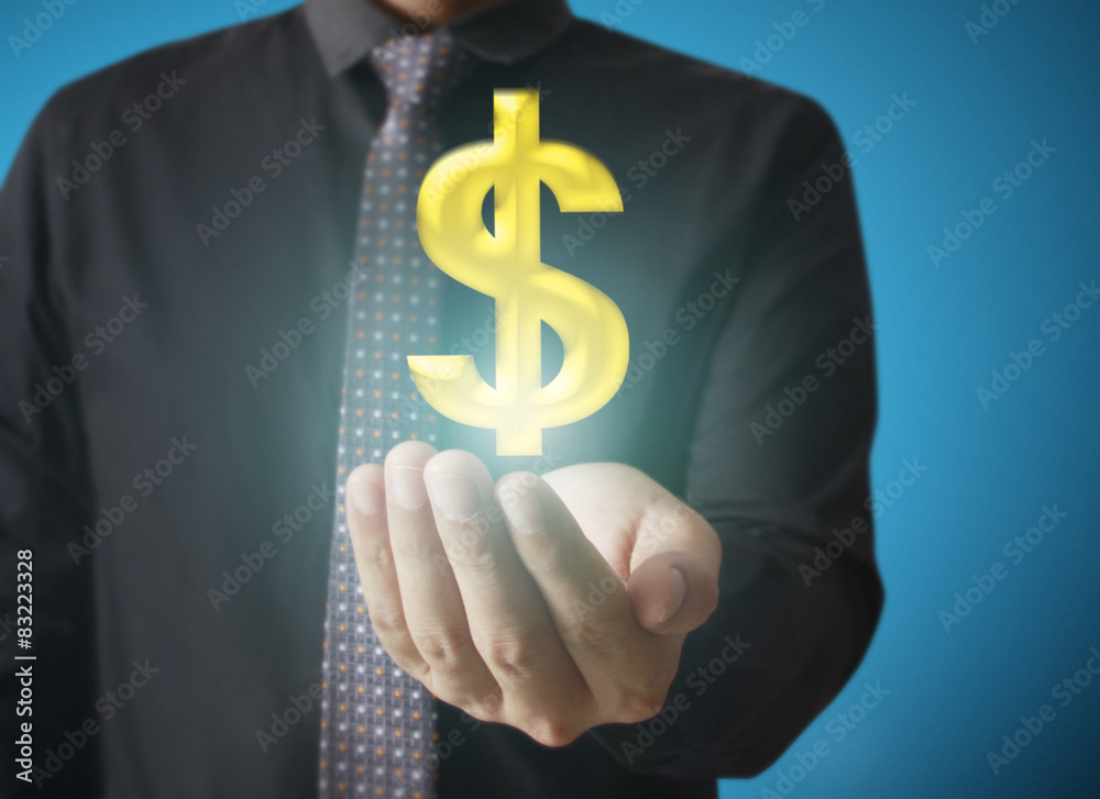 Man touching online button with money icon Man touching online button with money icon
