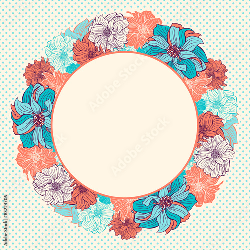 Greeting card with wreath of hand-drawn flowers
