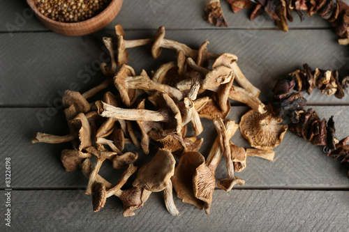 Dried mushrooms with spice on wooden background