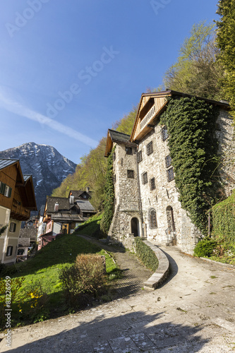 Hallstatt town with traditional wooden houses