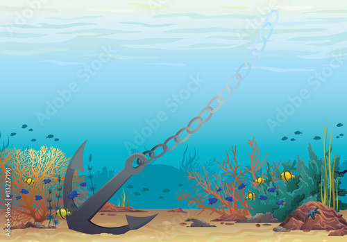 Anchor and coral reef. Underwater vector.
