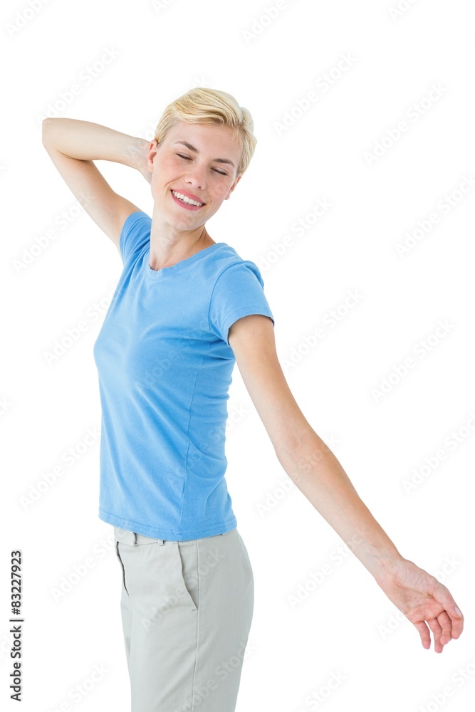 Blonde woman standing eyes closed Blonde woman standing eyes closed