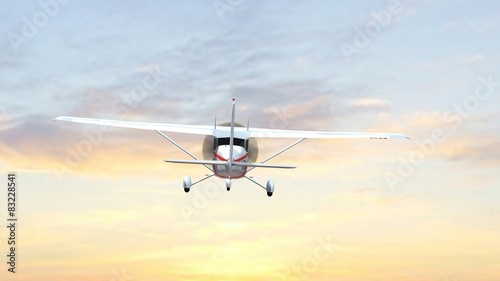 most popular single propeller light aircraft fly in the sunset