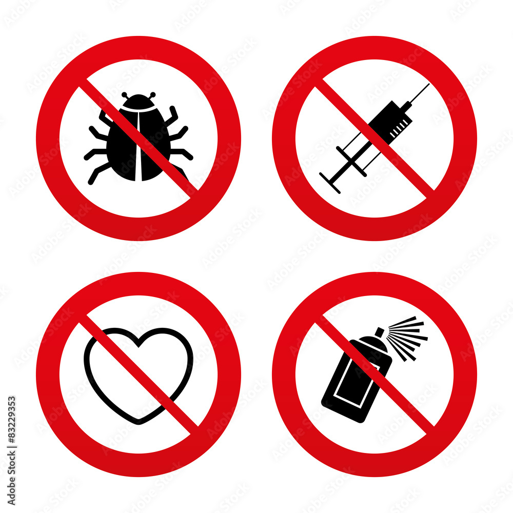 Bug and vaccine signs. Heart, spray can icons Bug and vaccine signs. Heart, spray can icons