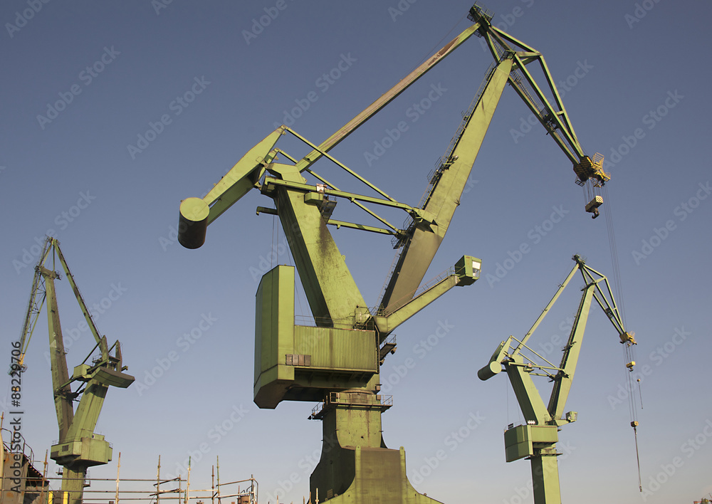 Heavy industrial cranes used for ship construction Heavy industrial cranes used for ship construction