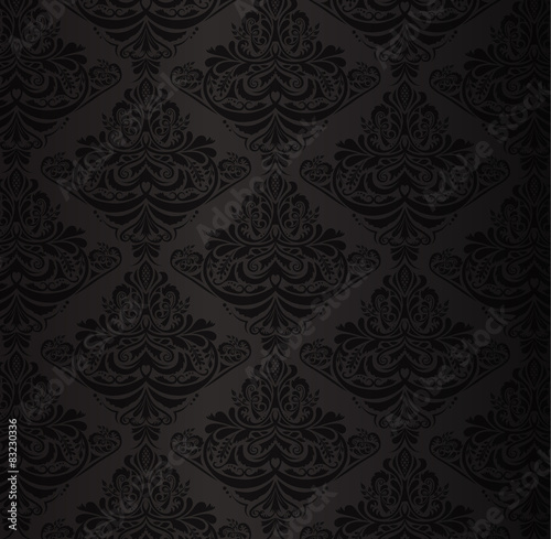Black damask pattern with vintage floral ornament
