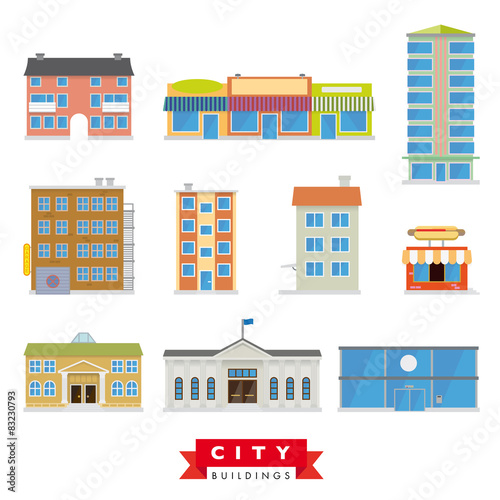 City Buildings Vector Set. 10 flat design icons