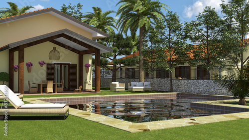 Villa con portico e piscina © renderingeanimazione