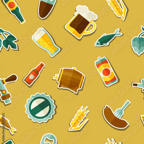 Seamless pattern with beer sticker icons and objects