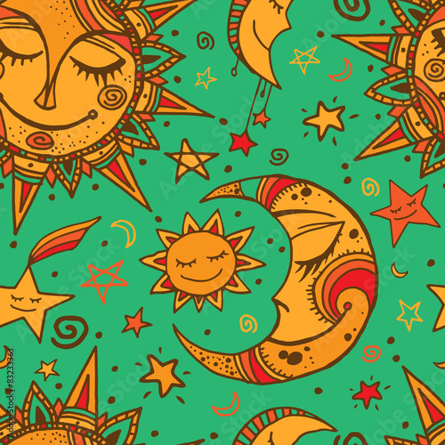 Tribal seamless pattern with sun  moon and stars.