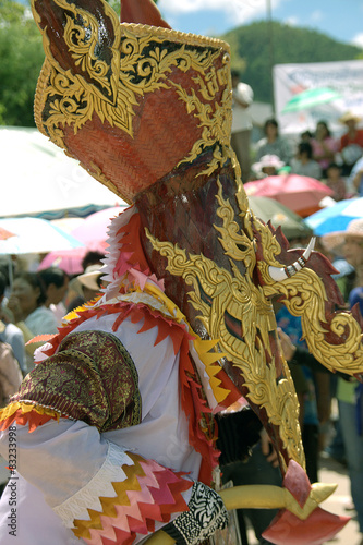 Colorful ghost mask used in Phi Ta Kon Festival