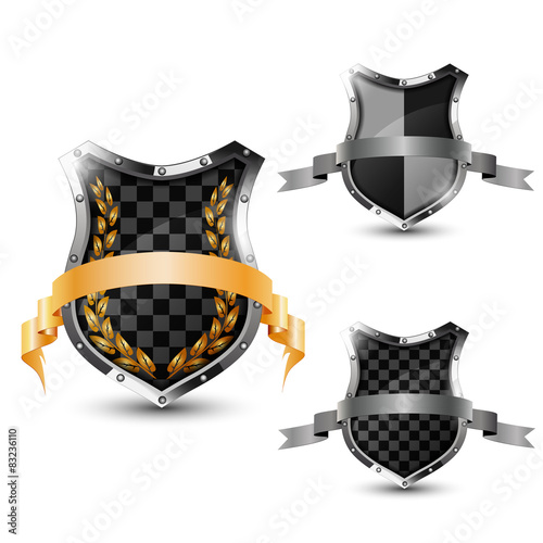 Metal shields on white background.