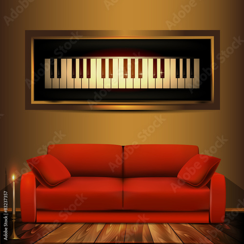 Living room interior with realistic red sofa, picture, candle.