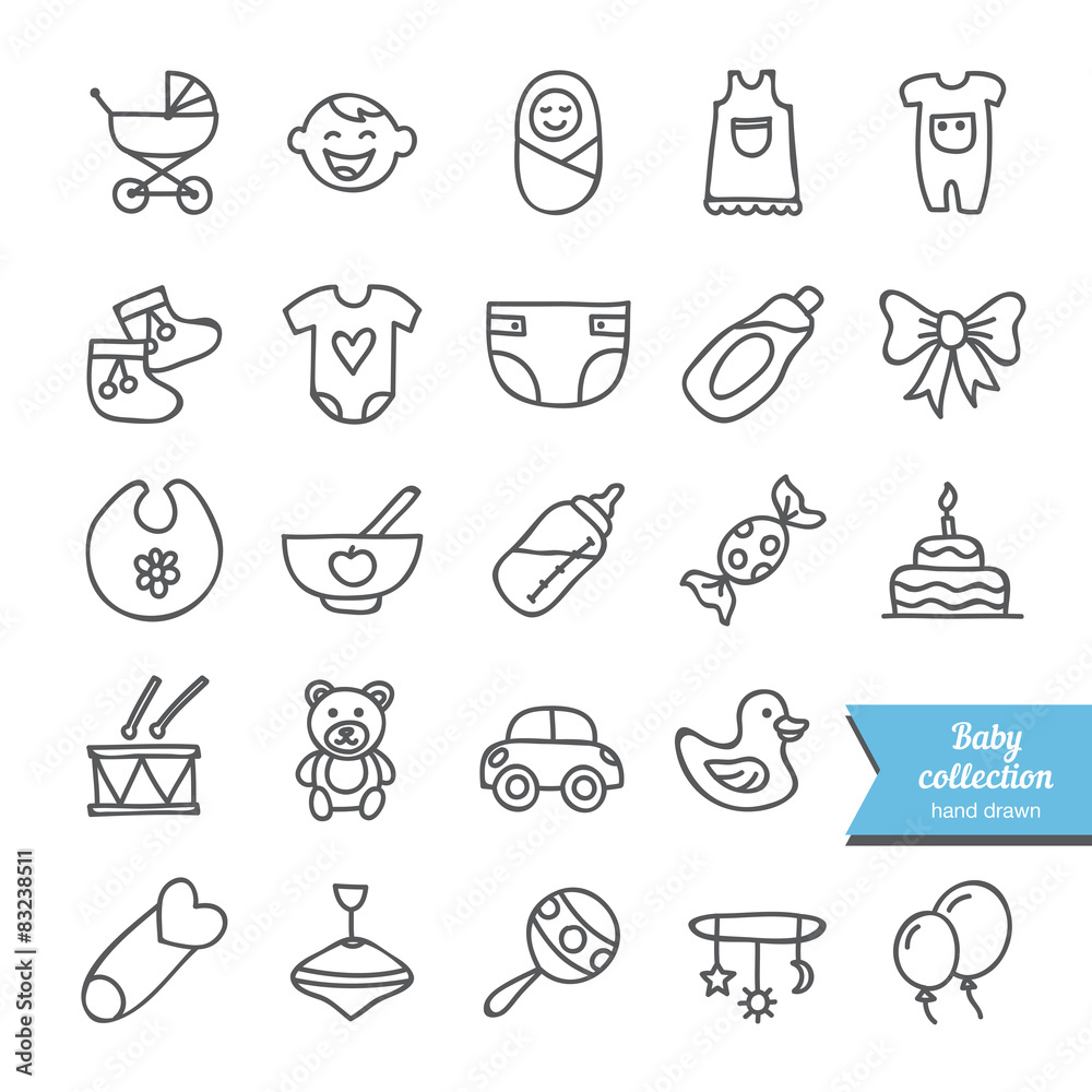 Set of vector hand drawn baby icons: clothes, toys, food