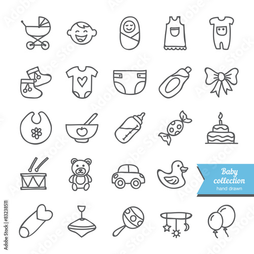 Set of vector hand drawn baby icons  clothes  toys  food