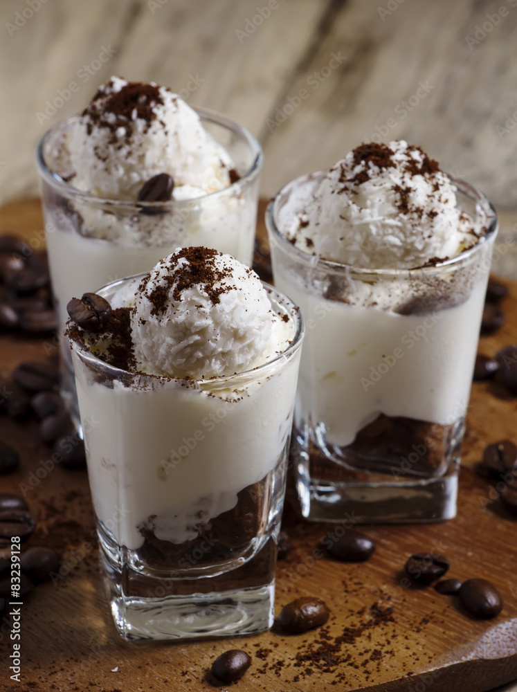 Tasty dessert with ice cream, chocolate and coffee, selective fo