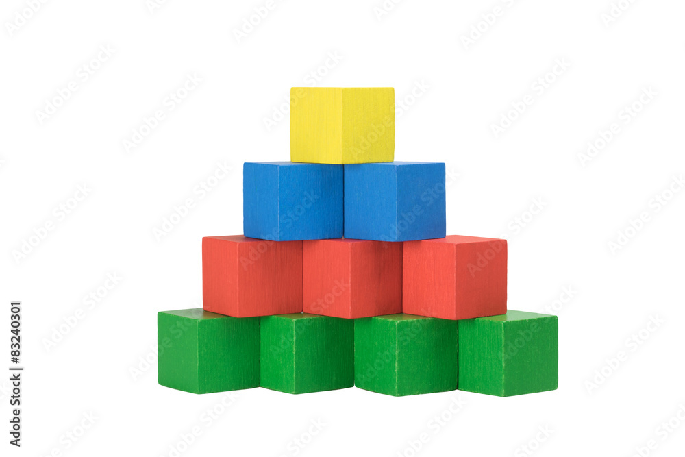 Pyramid from wooden colorful cubes isolated on a white backgroun Pyramid from wooden colorful cubes isolated on a white backgroun