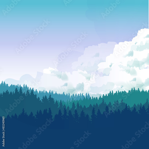 Landscape Illustraion of hills of coniferous wood.