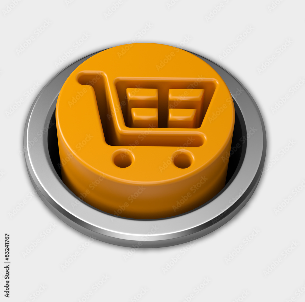 3D orange shopping cart push button in metalic border