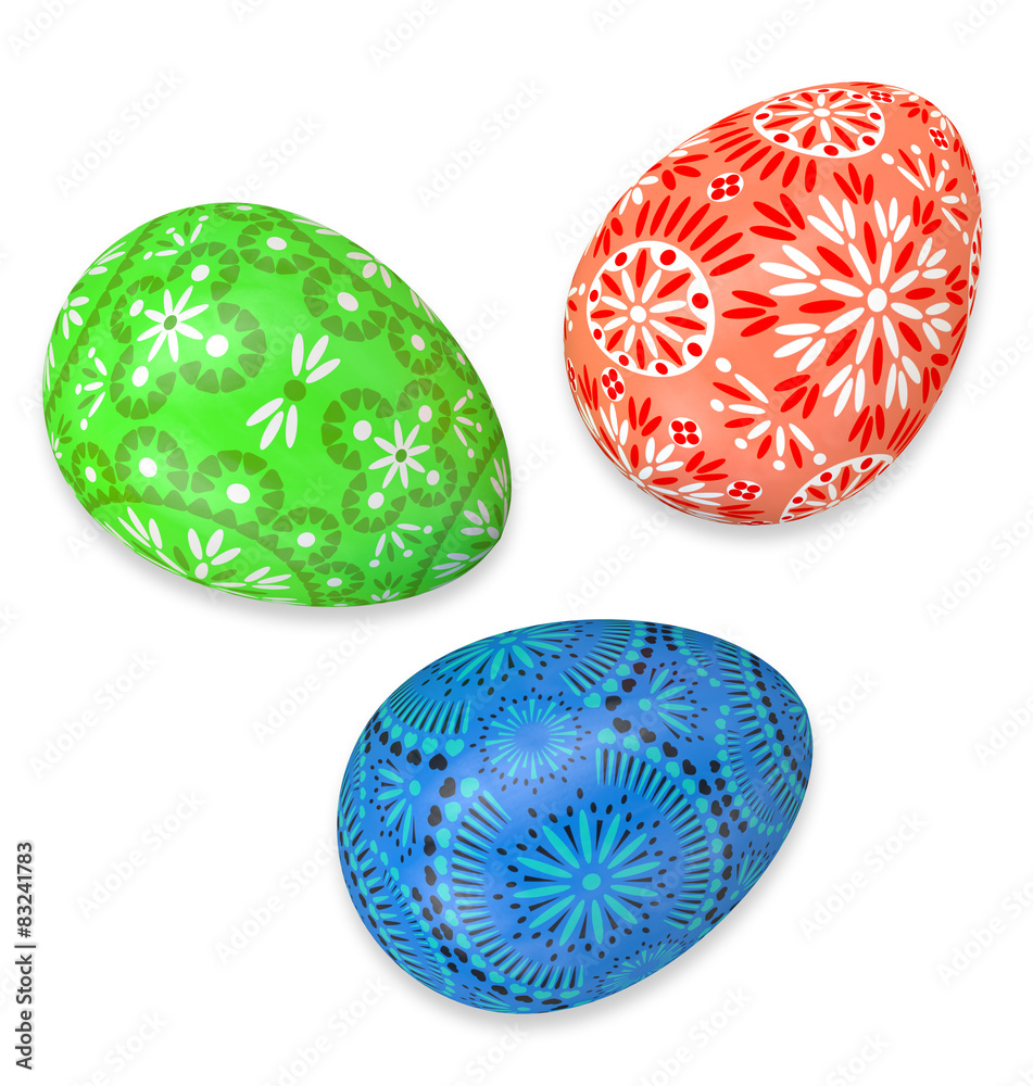 3D render of 3 folk easter eggs on white background 3D render of 3 folk easter eggs on white background