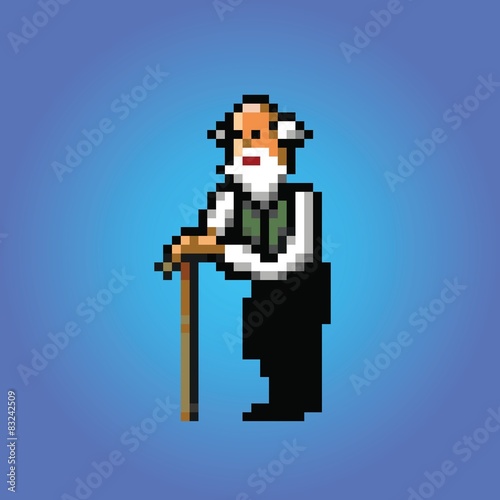 old man with stick pixel art style illustration vector