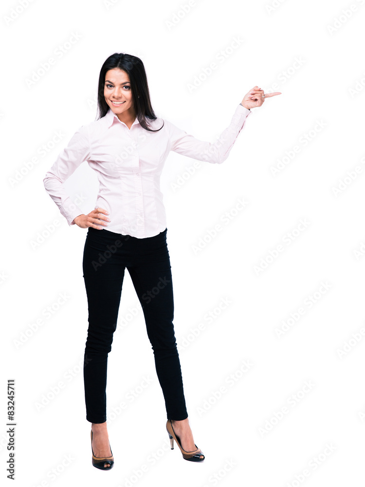 Cheerful businesswoman pointing finger away Cheerful businesswoman pointing finger away