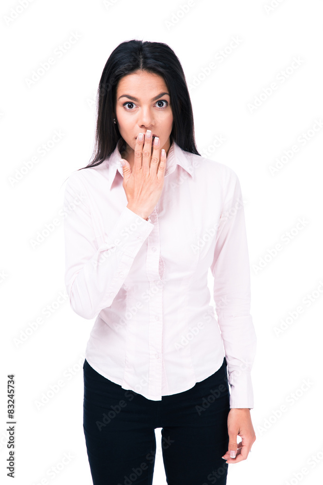 Surprised young businessman covering mouth by hand Surprised young businessman covering mouth by hand