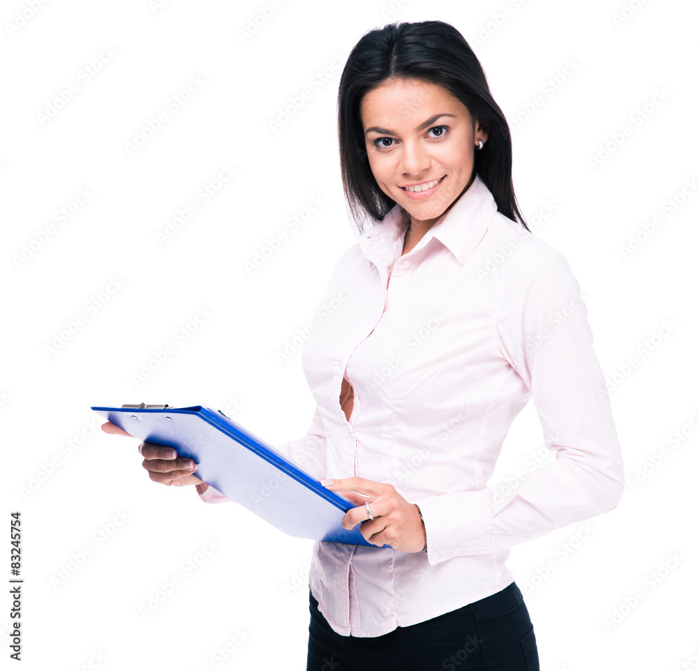 Smiling businesswoman standing with folder