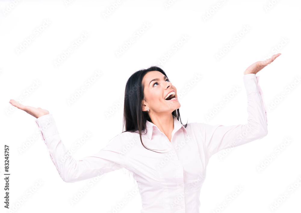 Laughing businesswoman presenting something on palm Laughing businesswoman presenting something on palm