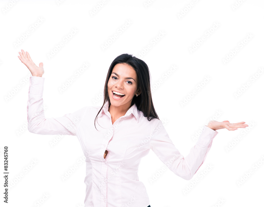 Happy businesswoman presenting something on palm Happy businesswoman presenting something on palm