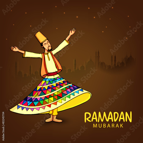 Ramadan Kareem celebration with dervish and mosque.