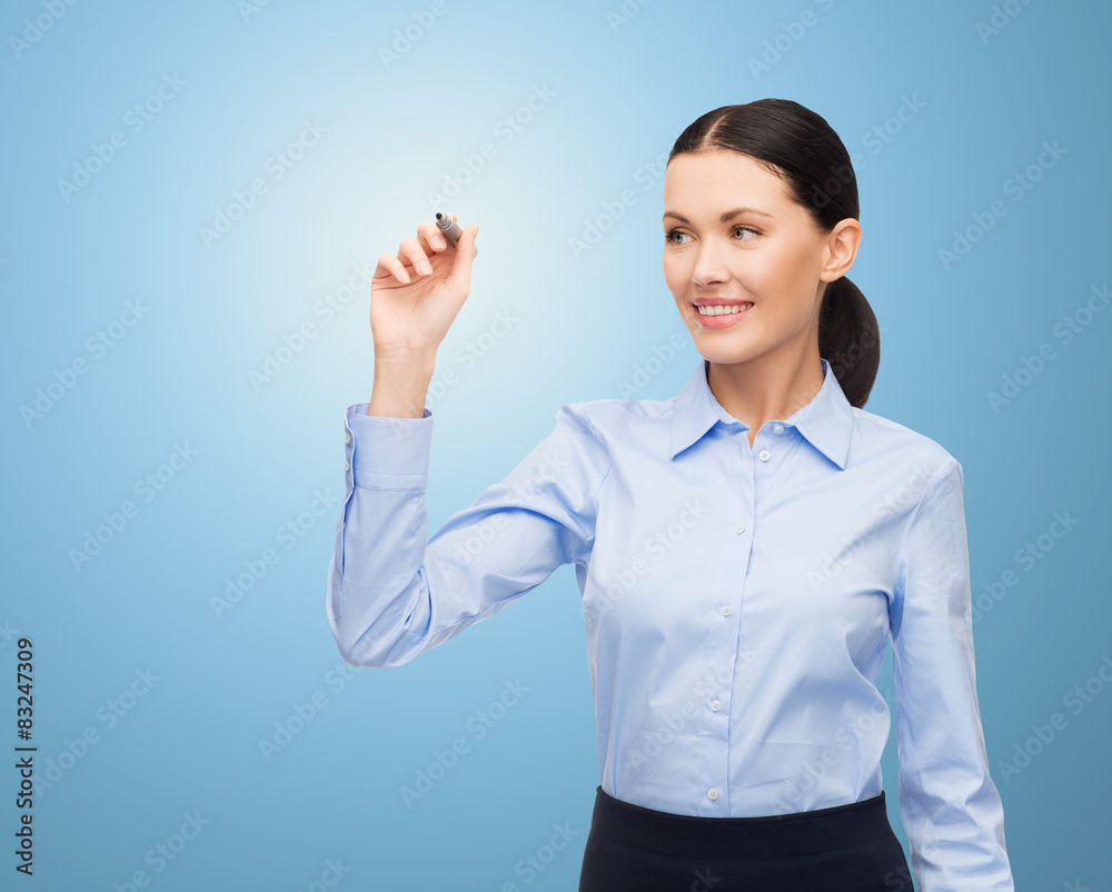 businesswoman writing something in air businesswoman writing something in air