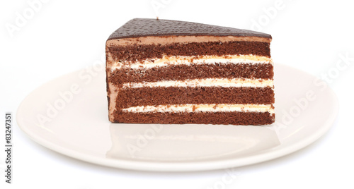 Beautiful tasty chocolate cake close up isolated on white backgr