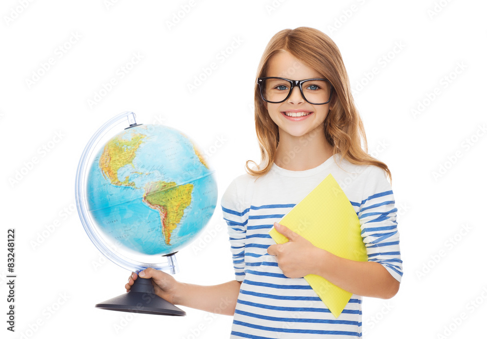 smiling child with globe, notebook and eyeglasses smiling child with globe, notebook and eyeglasses