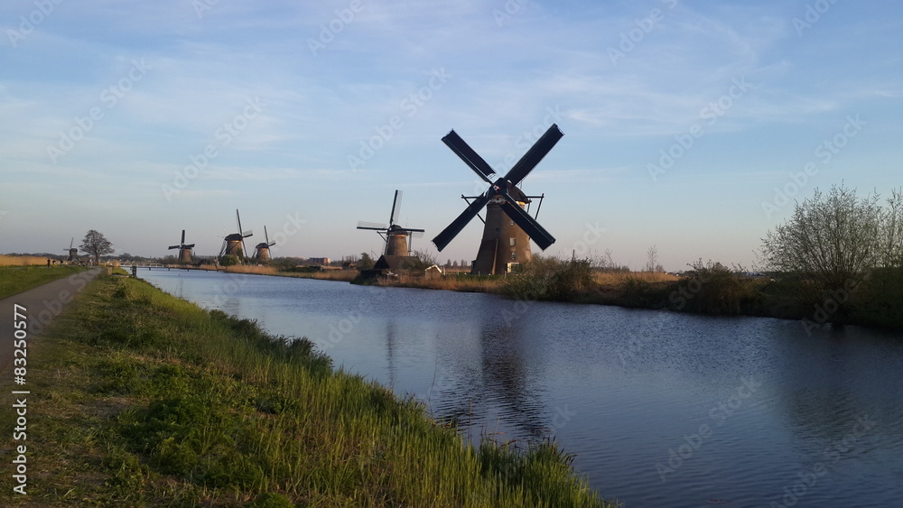 Naklejka premium Antique windmills in Kinderdijk Netherlands