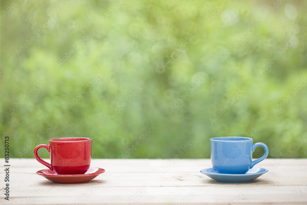 Two cups of coffee on the table in the garden Two cups of coffee on the table in the garden