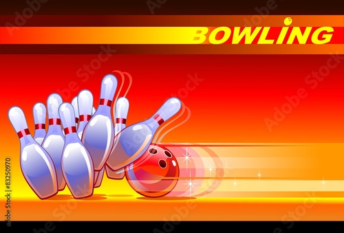 A red bowling ball crashing into the shiny pins