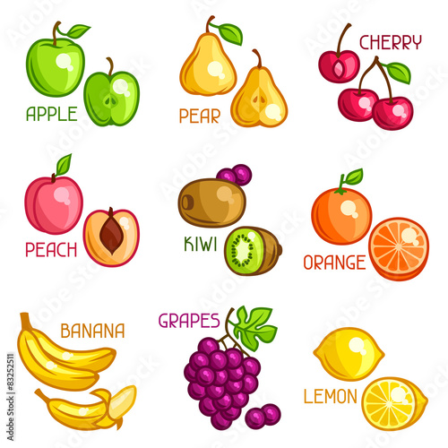 Set of stylized fresh fruits on white background