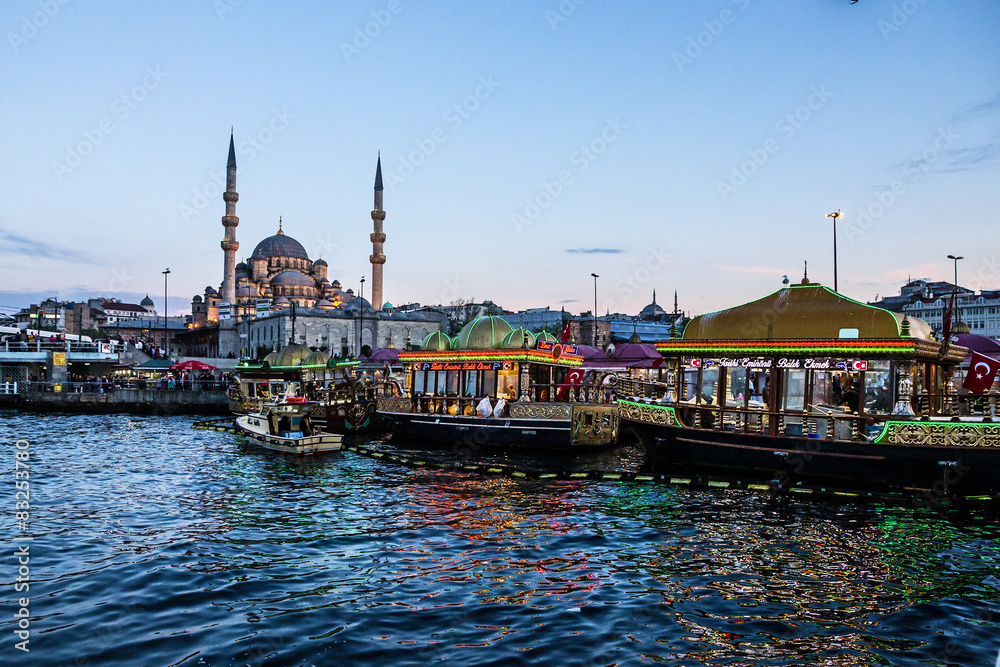 ISTANBUL, TURKEY - Evening sea view Eminonu mosque.