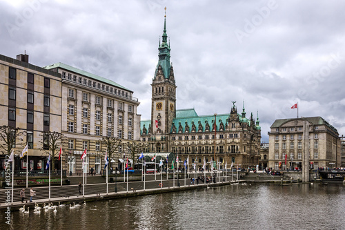 Hamburg town hall and Alster river  Germany
