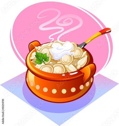 Dumplings in a pot with sour cream. Vector