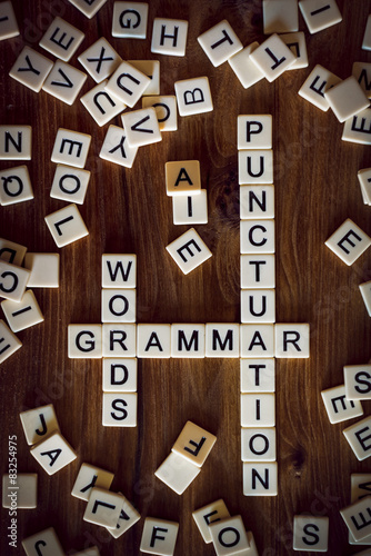 The words GRAMMAR, WORDS, and PUNCTUATION using letter tiles