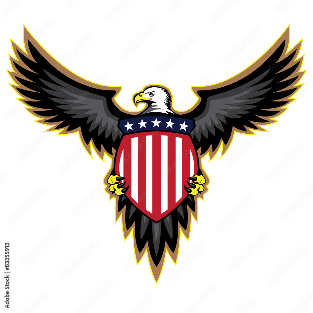 Obraz premium Patriotic American Eagle, Wings Spread, Holding Shield with Red White and Blue Stars and Stripes, Isolated Vector Illustration