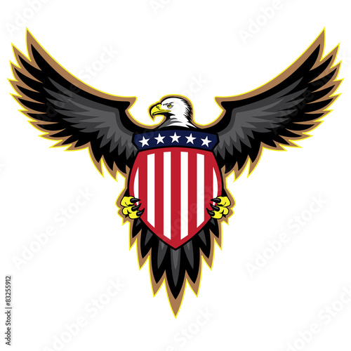 Patriotic American Eagle, Wings Spread, Holding Shield with Red White and Blue Stars and Stripes, Isolated Vector Illustration
