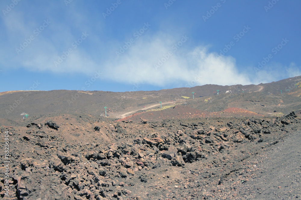 Ropeway on volcanic slope. Etna, Sicily, Italy