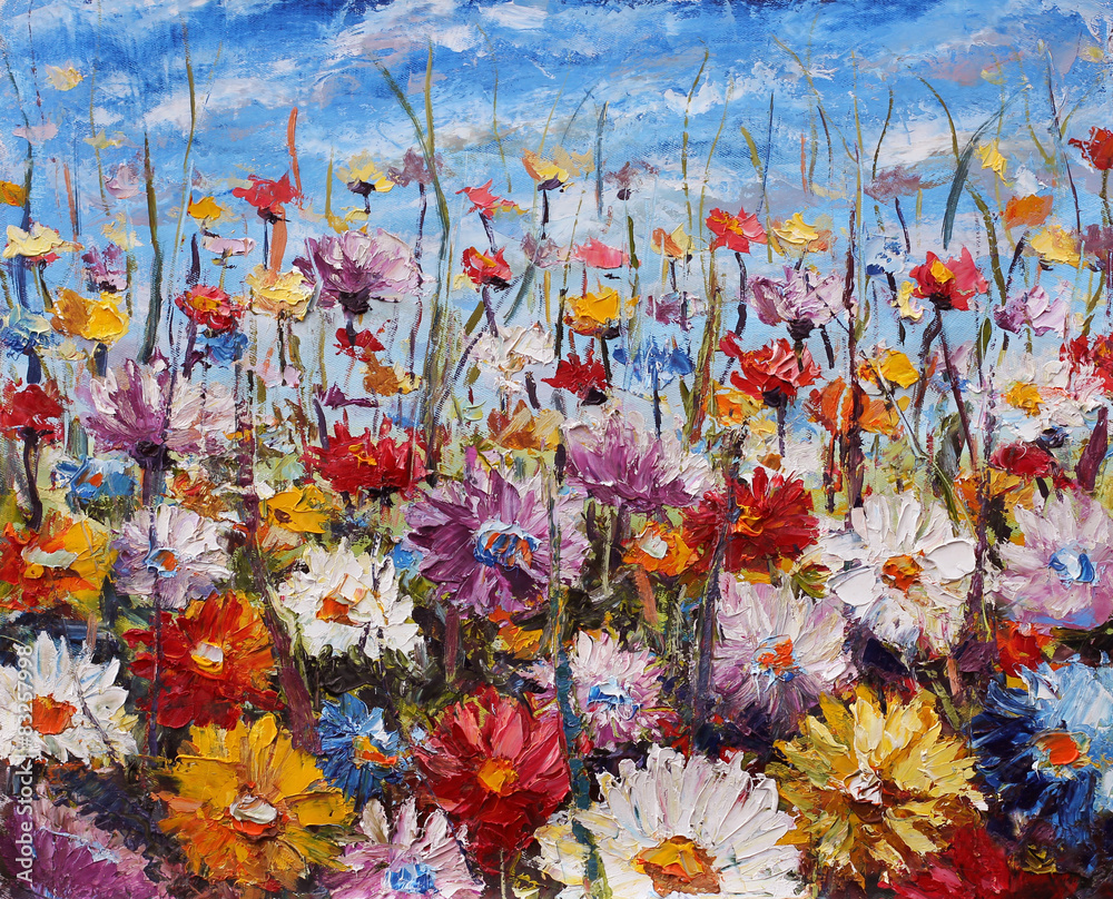 Obraz malowanie kwiatów, piękne kwiaty polne na płótnie