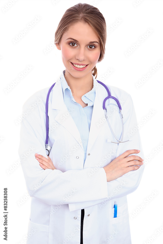 Friendly smiling young female doctor, isolated Friendly smiling young female doctor, isolated